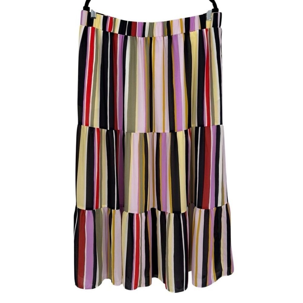LOFT Striped Tiered Midi Skirt Multicolor Pull-On Flowy Summer Skirt Large NWT‎ - Picture 3 of 12